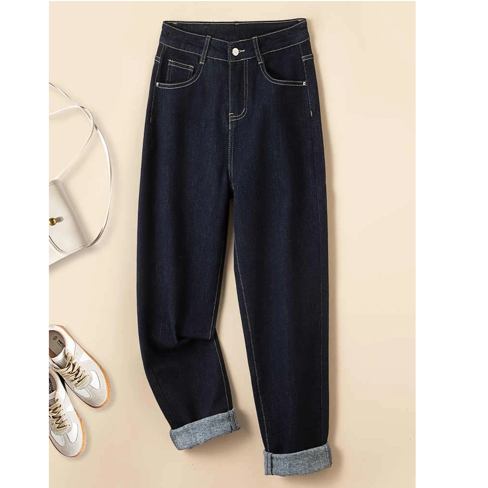 哈伦牛仔裤女2025春秋新款萝卜显瘦胖mm宽松直筒丹宁色加绒老爹裤