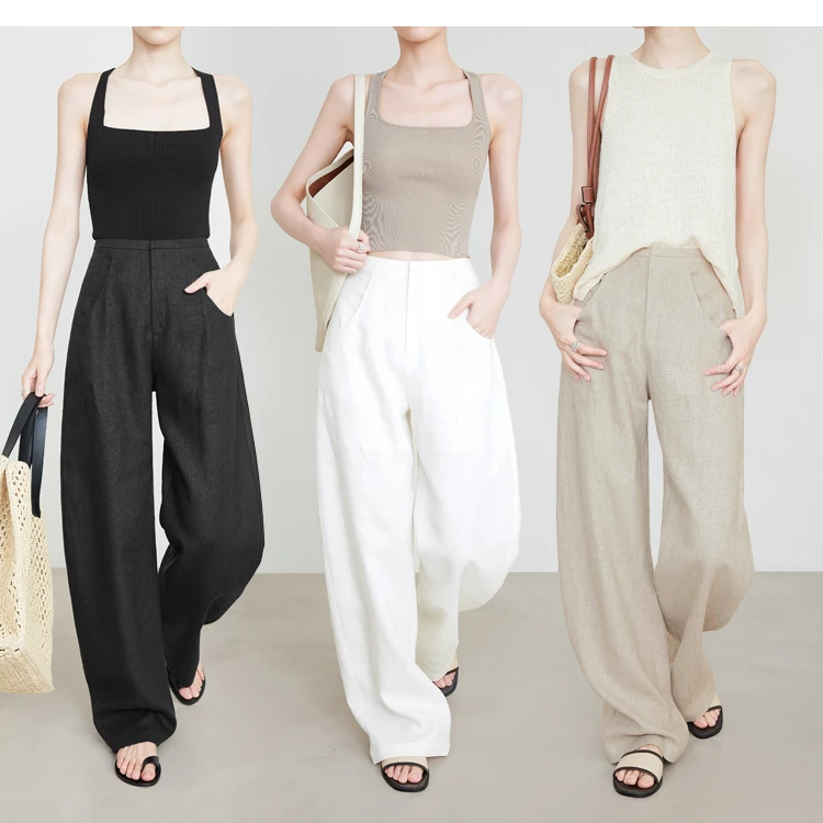 100%纯亚麻阔腿裤女2025夏季高奢高腰宽松棉麻直筒超薄透气休闲裤