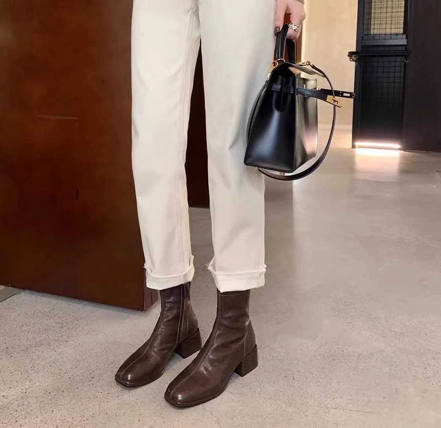 韩系方头时尚气质瘦瘦短靴粗跟厚底增高秋冬显瘦百搭弹力小踝靴女