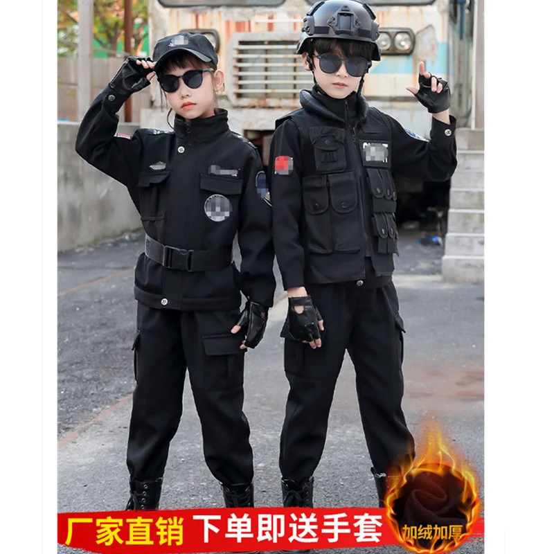 元旦儿童加绒警察服套装冬季表演服加厚加绒男女童特种兵演出服饰