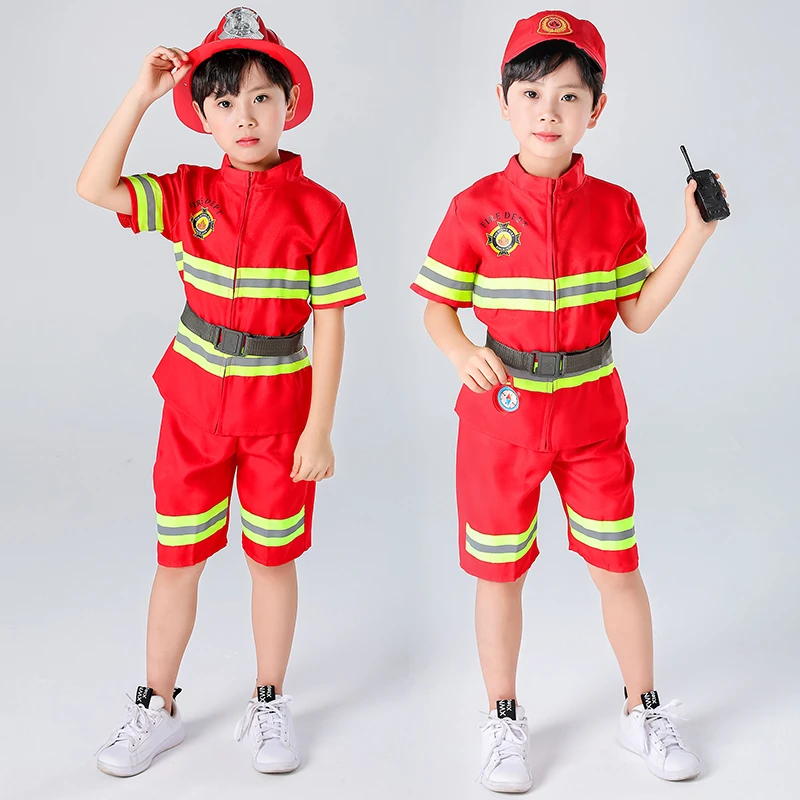 六一红色短袖儿童消防员服装幼儿园亲子角色扮演职业体验消防服演
