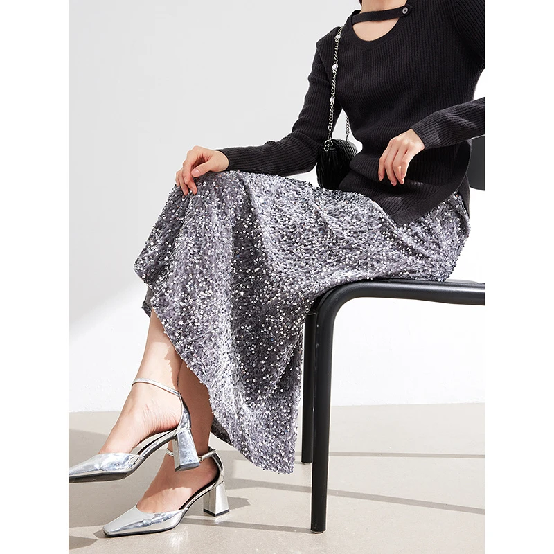 时髦高腰鱼尾裙A字一步裙2023冬暗夜黑亮片设计感时尚半身裙气质