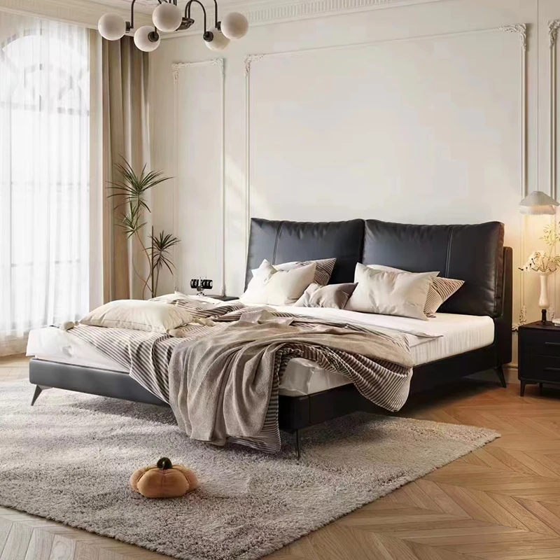 意式极简主卧室齐边真皮大双人床简约现代婚床1.8米小户型软包床