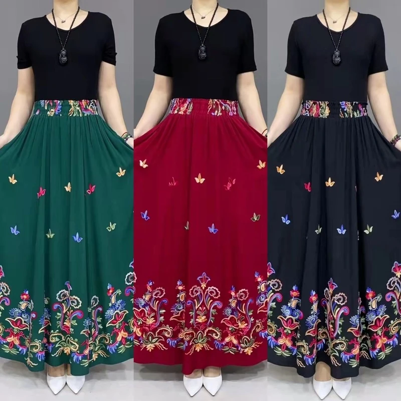 裙子显瘦新款长款女士半身裙2025刺绣松紧腰大摆裙妈妈裙时尚百搭