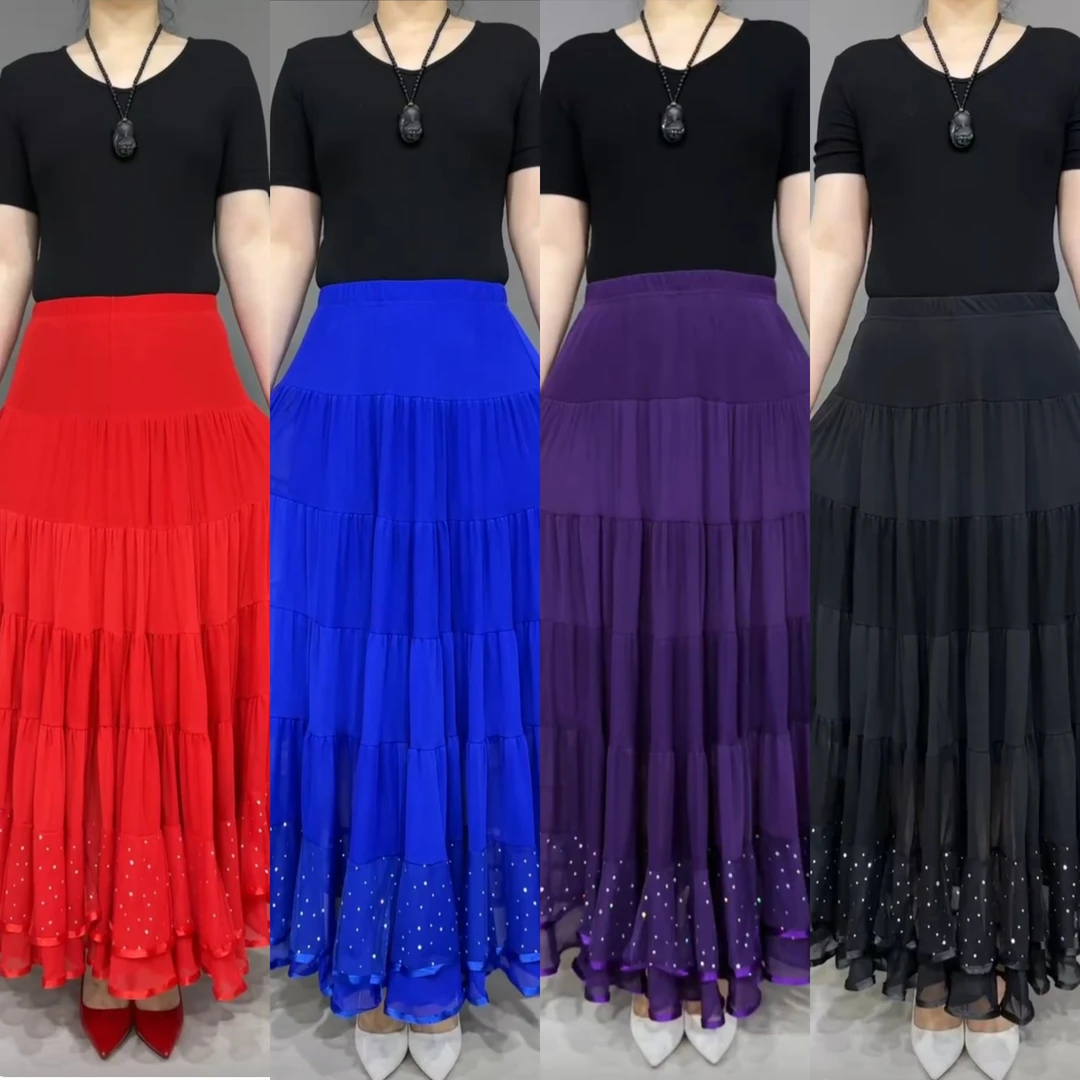 9968夏季女士半身裙舞蹈裙广场舞国标时尚薄款飘逸大摆裙高腰修身