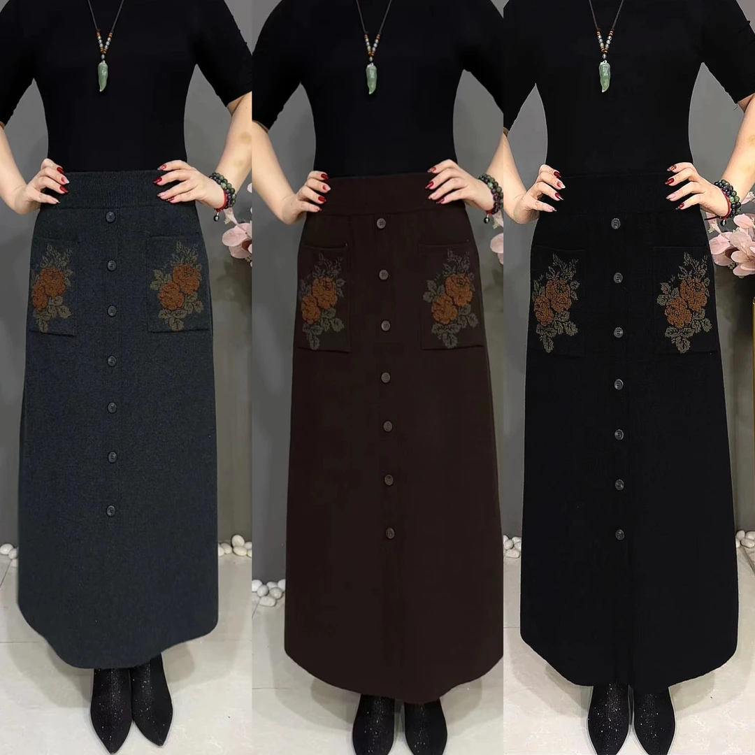 0257冬季半身裙时尚妈妈裙显高显瘦加肥加大遮肉松紧腰围口袋