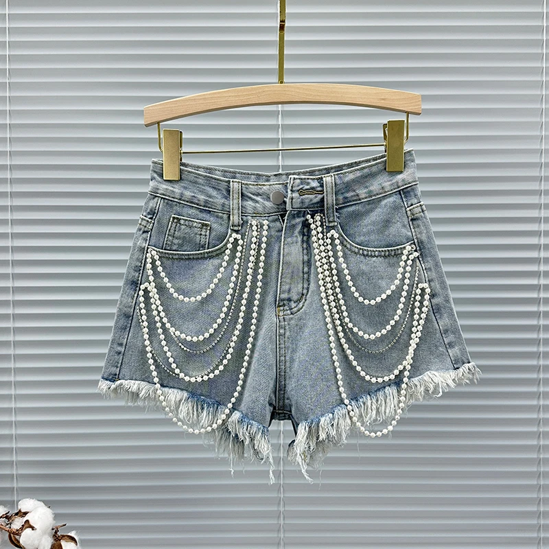 ins毛边牛仔短裤女热裤潮2025年新款夏装高腰百搭钉珠水钻阔腿裤