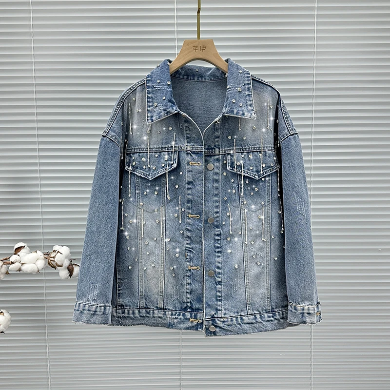 ins欧货流苏镶钻牛仔外套女2025年春秋新款宽松百搭长袖上衣夹克