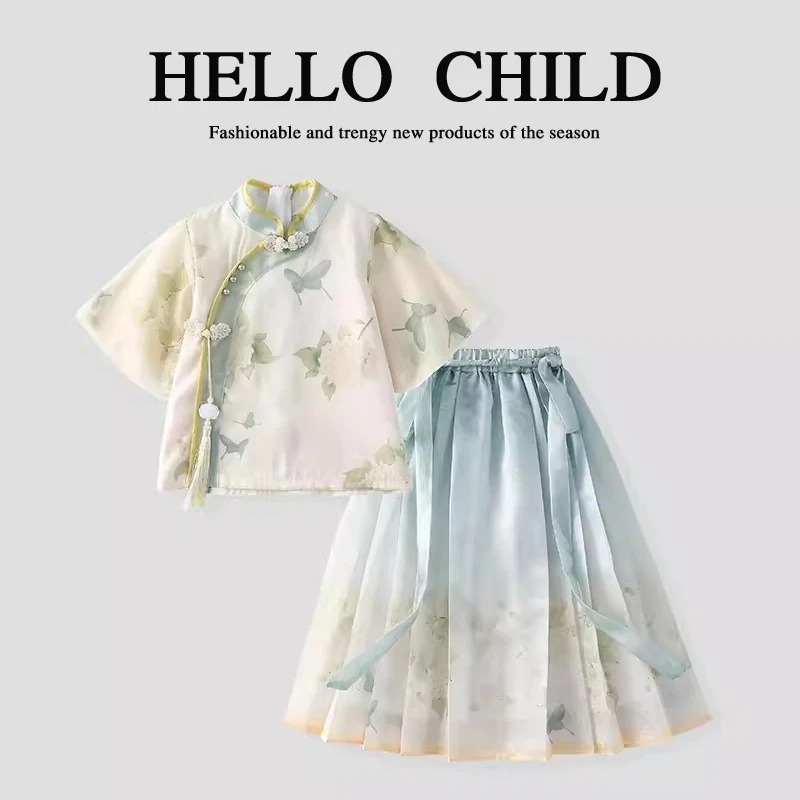 儿童2024新款休闲两件套女童中大童中国风复古牡丹裙装HC057