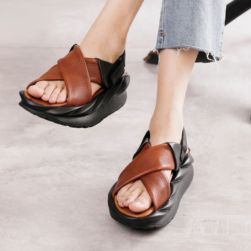 谜丫蜜原创真皮编织厚底鞋女夏季新款鱼嘴复古休闲凉鞋子