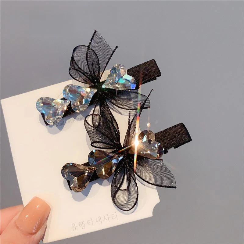 网红超仙水晶蝴蝶结发夹精致刘海侧边夹发卡头饰前额短发一字边夹