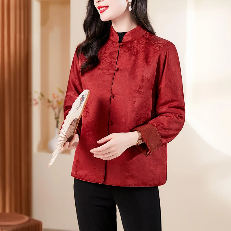 新年喜庆红色香云纱真丝棉服短外套女中式立领唐装国风桑蚕丝棉服