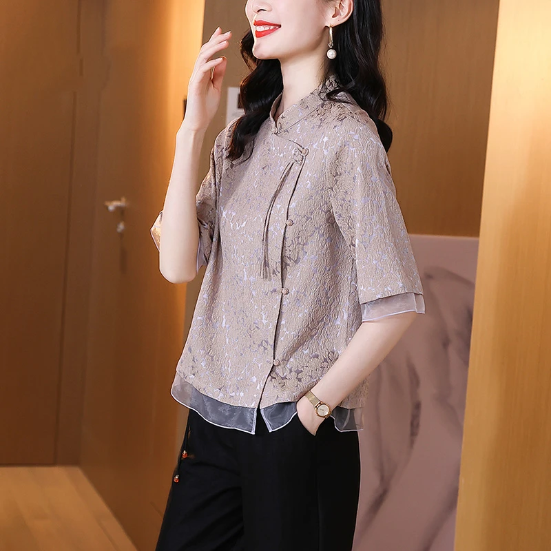 春夏百搭衬衫冠乐绉提花时尚衬衬衣女士夏款五分袖中式旗袍上衣