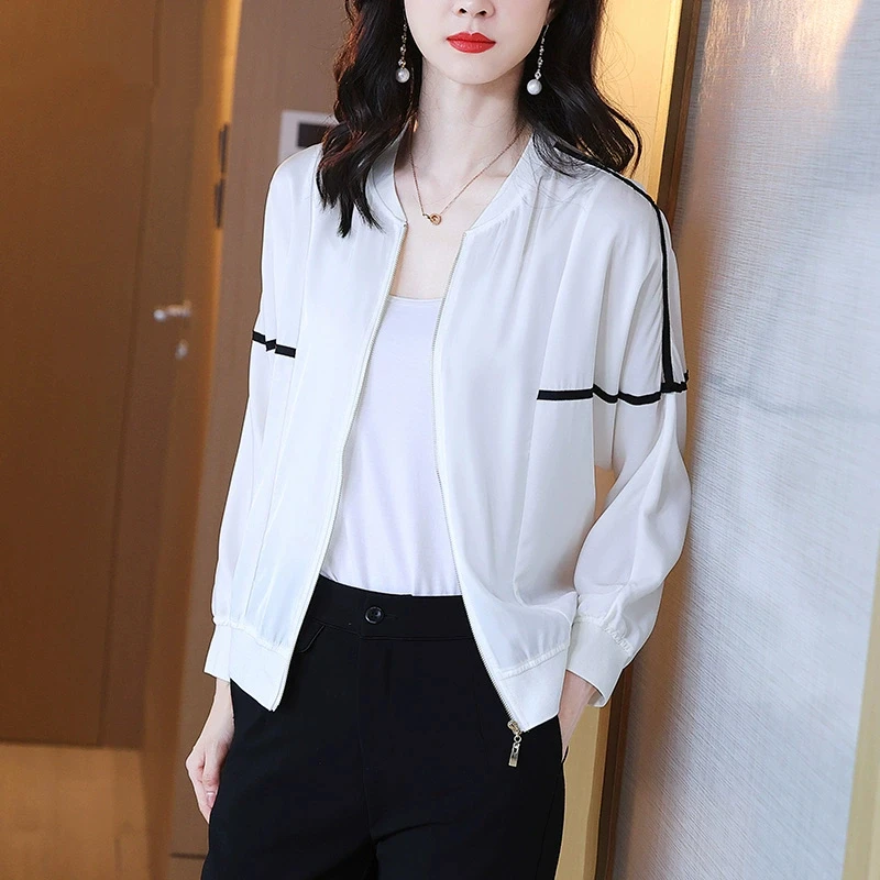 双11立减真丝开衫短外套女桑蚕丝薄款长袖洋气外搭白色短款棒球服