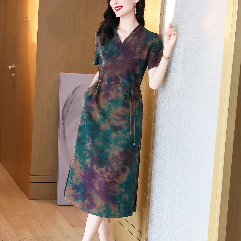 香云纱真丝连衣裙扎染短袖洋气高档国风长裙女开叉古风女碎花衬衣