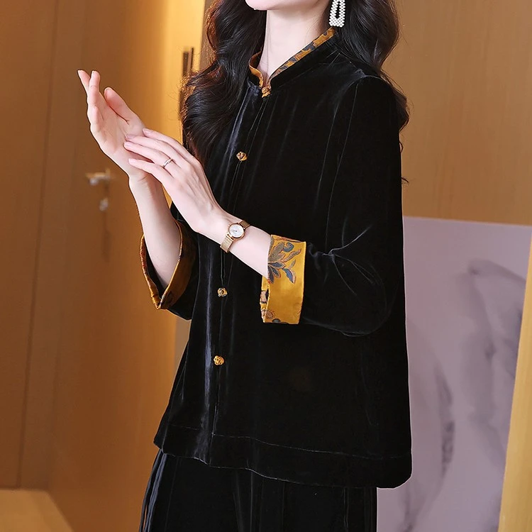 新中式立领秋季丝绒显瘦宽松气质香云纱拼接复古桑蚕丝洋气时尚女