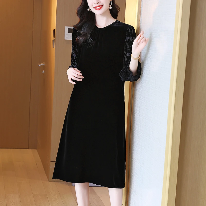 秋季圆领纯色丝绒真丝连衣裙黑色时尚七分烂花灯笼袖桑蚕丝裙子女