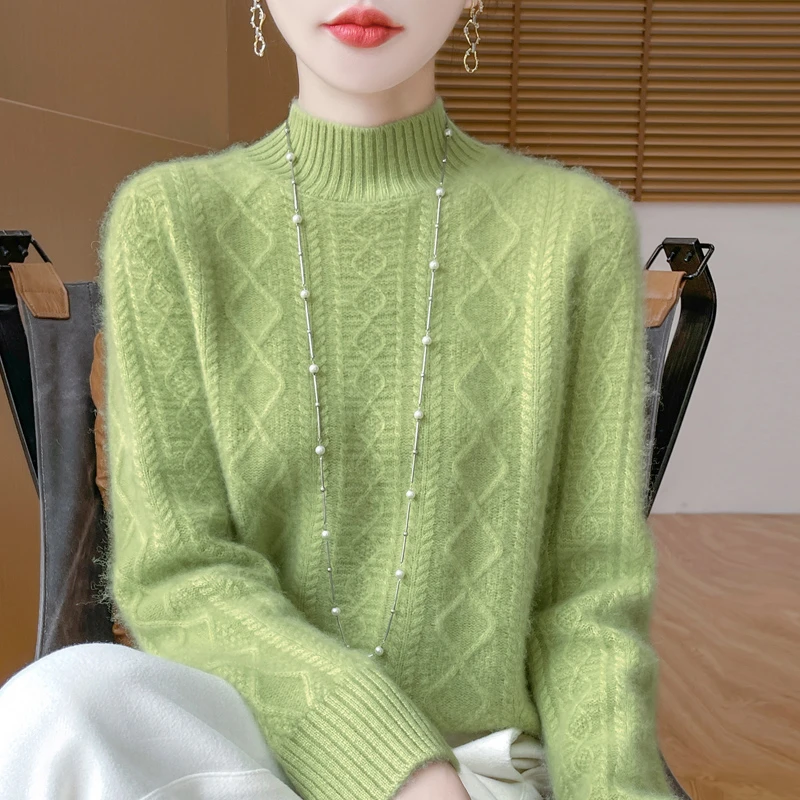 慵懒感~100%纯羊毛半高领宽松加厚重工内搭提花设计感套头针织衫