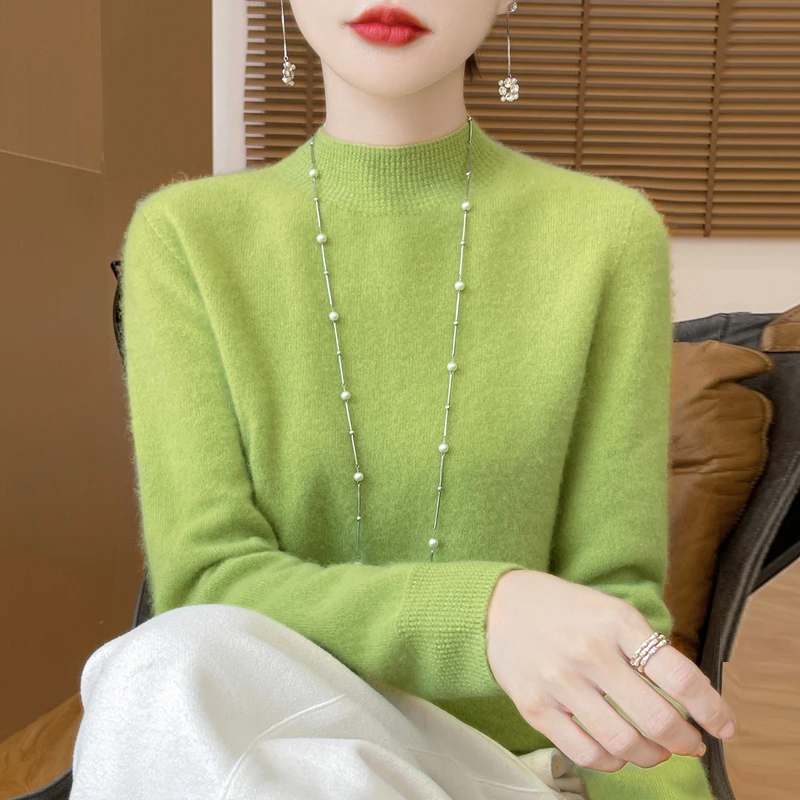 秋冬新款100%纯羊毛螺纹半高领打底衫女秋冬宽松新款内搭时尚针织