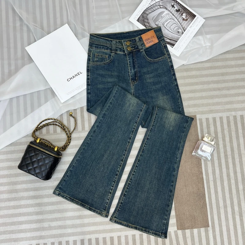 2025早秋新款复古蓝微喇叭牛仔裤女高腰修身弹力显高显瘦小个子女