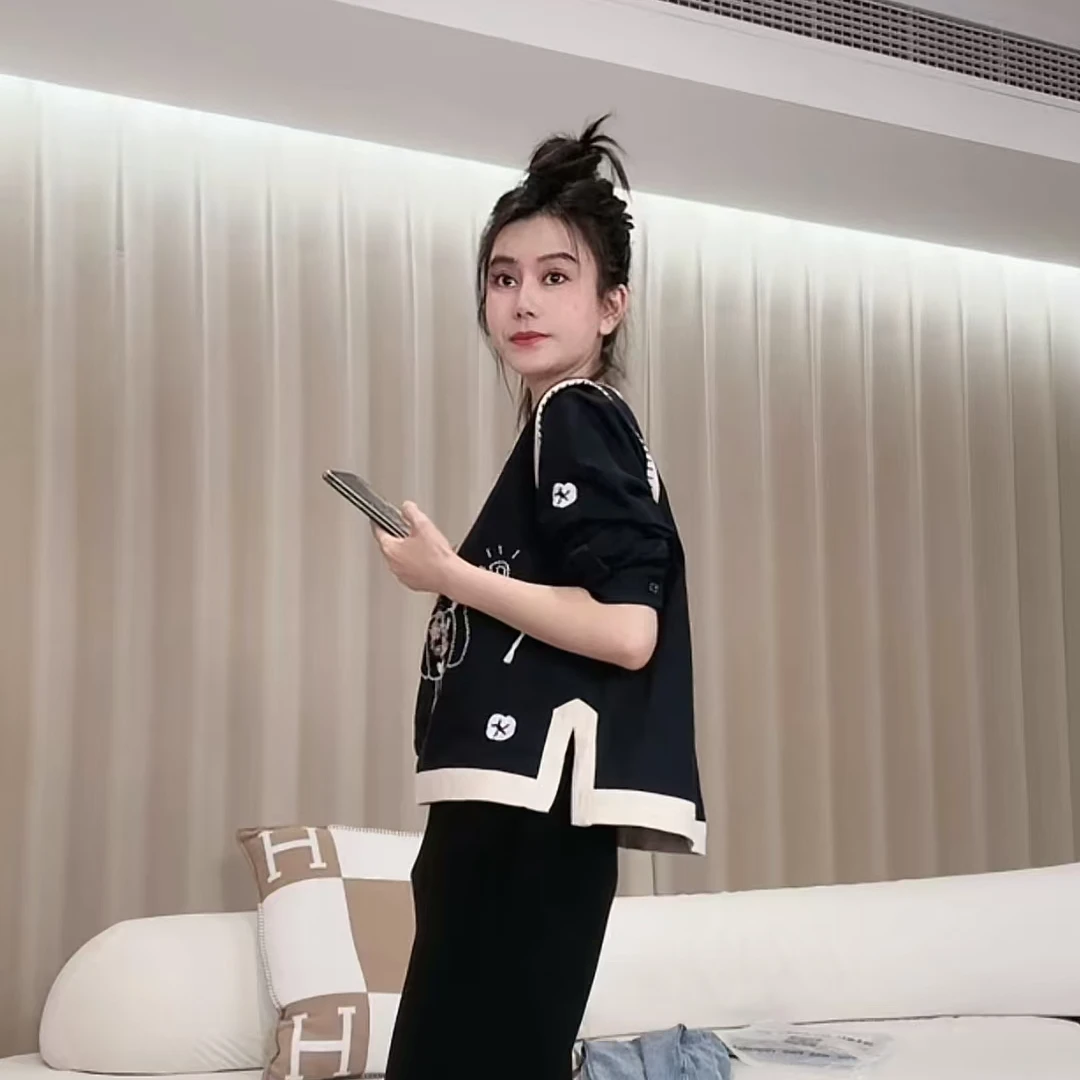 ananstudio童趣涂鸦刺绣假两件上衣