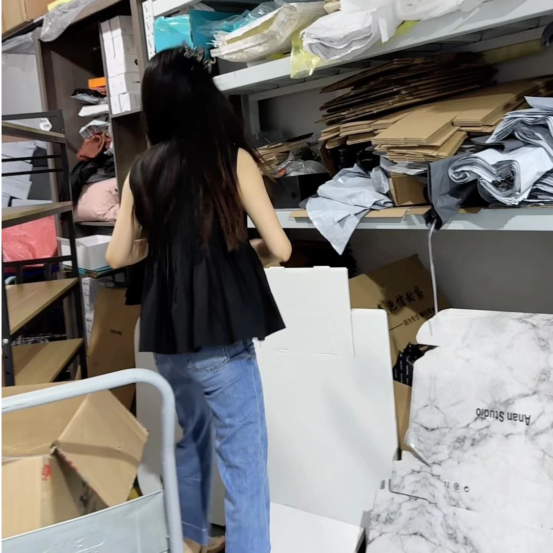 ananstudio 夏季黑色娃娃百褶小衫无袖背心女 NZMJ003