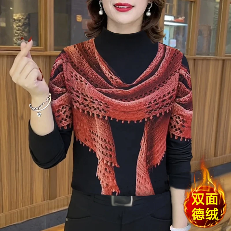 【双面德绒】洋气打底衫半高领印花百搭上衣大码遮肚子气质减龄上衣