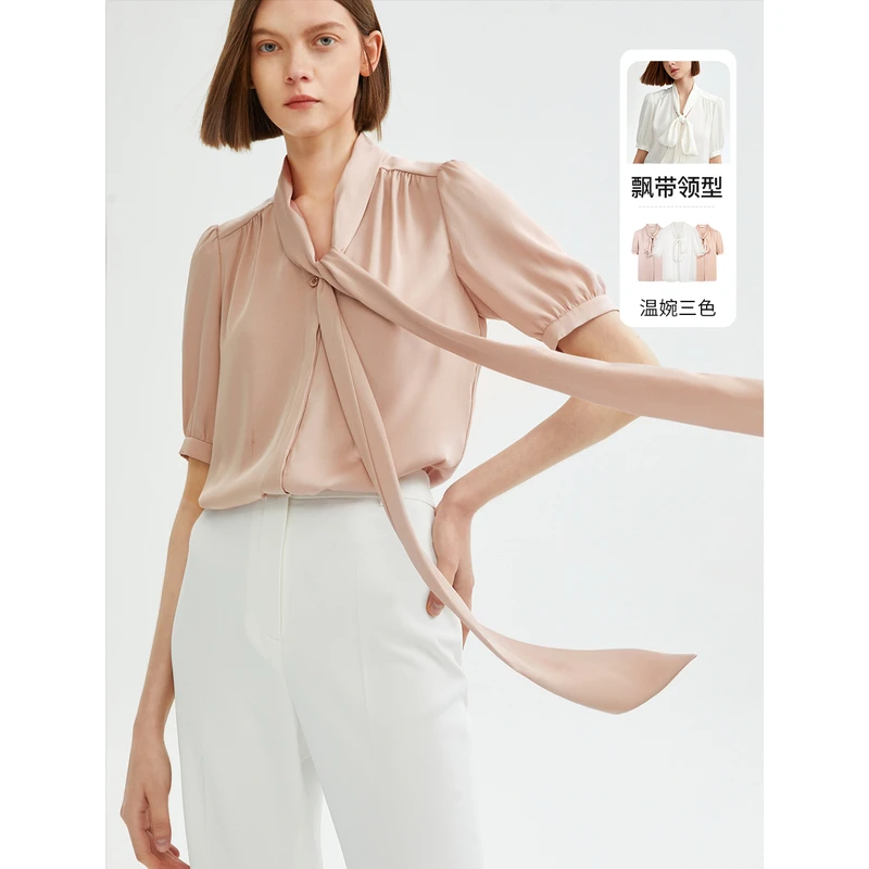 LANCY/朗姿【专柜同款】高级感气质飘带领短袖女士衬衫法式别致衬衣