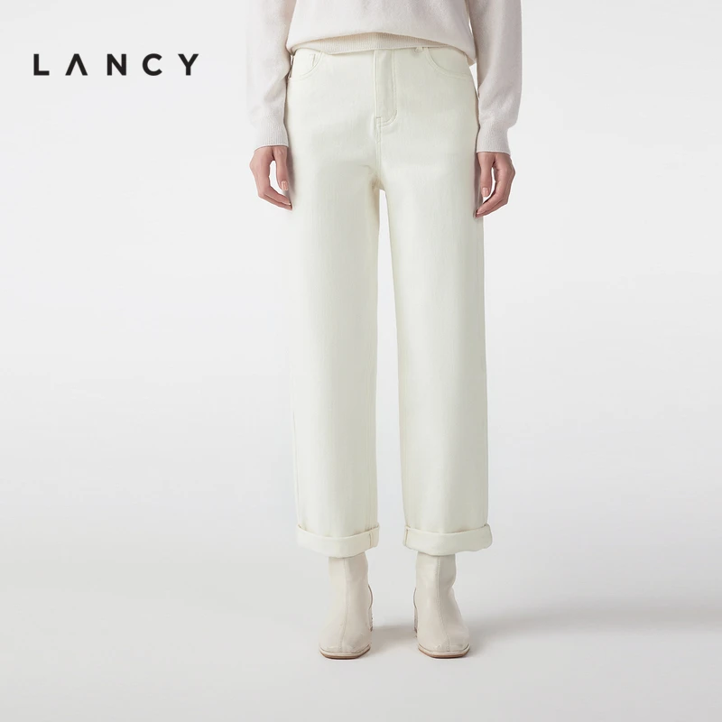 LANCY/朗姿【专柜同款】秋冬新款女士宽松直筒卷边阔腿裤长款