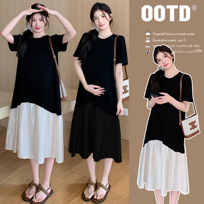 孕妇2024夏季新款孕妇版型法式拼接鱼尾高级感大码中长款连衣裙