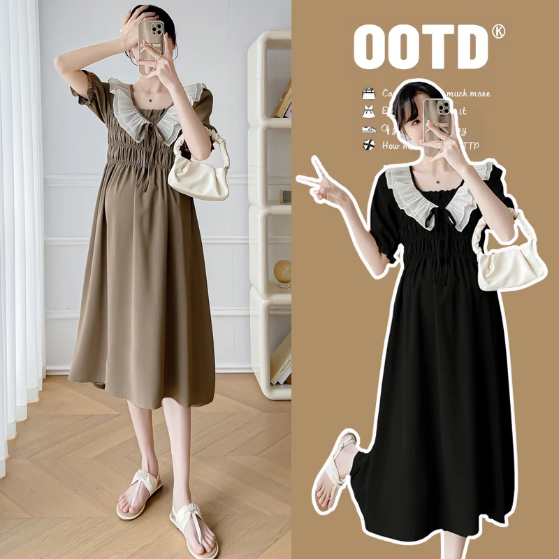 2024孕妇夏装新款小个子时尚宽松遮肚娃娃领辣妈外出气质连衣裙