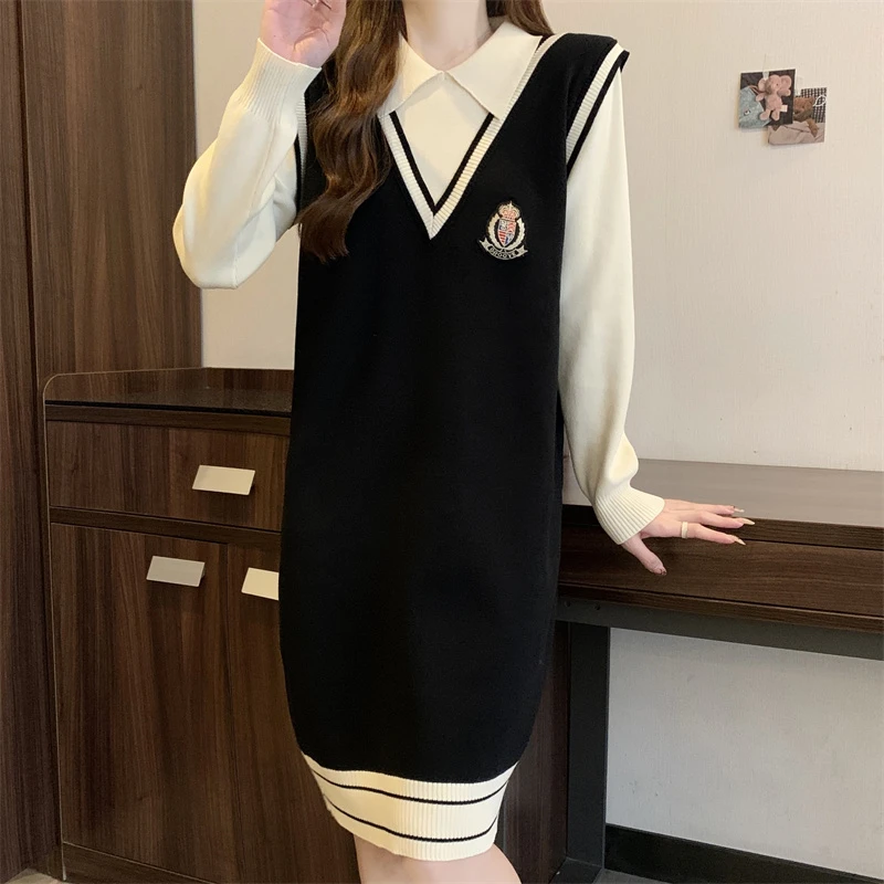 孕妇装女2023秋冬新款洋气学院风减龄假两件胖mm显瘦遮肉连衣裙