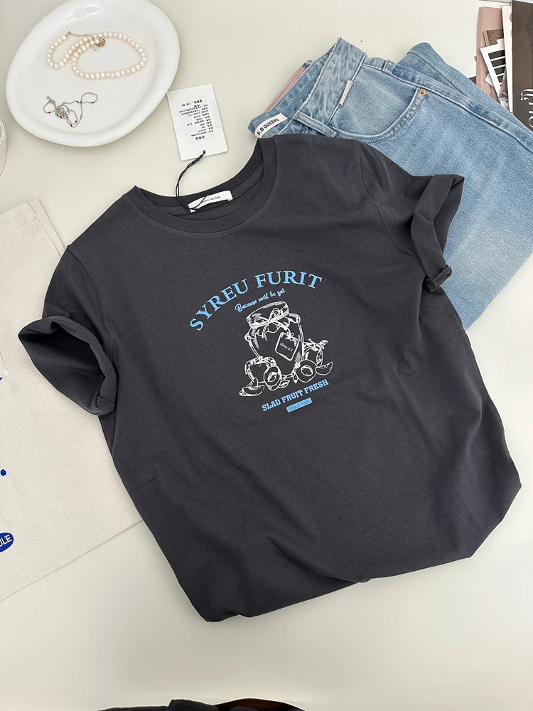 2025新东大门小众蜜罐印花简约百搭休闲短袖T恤韩系正肩纯棉上衣