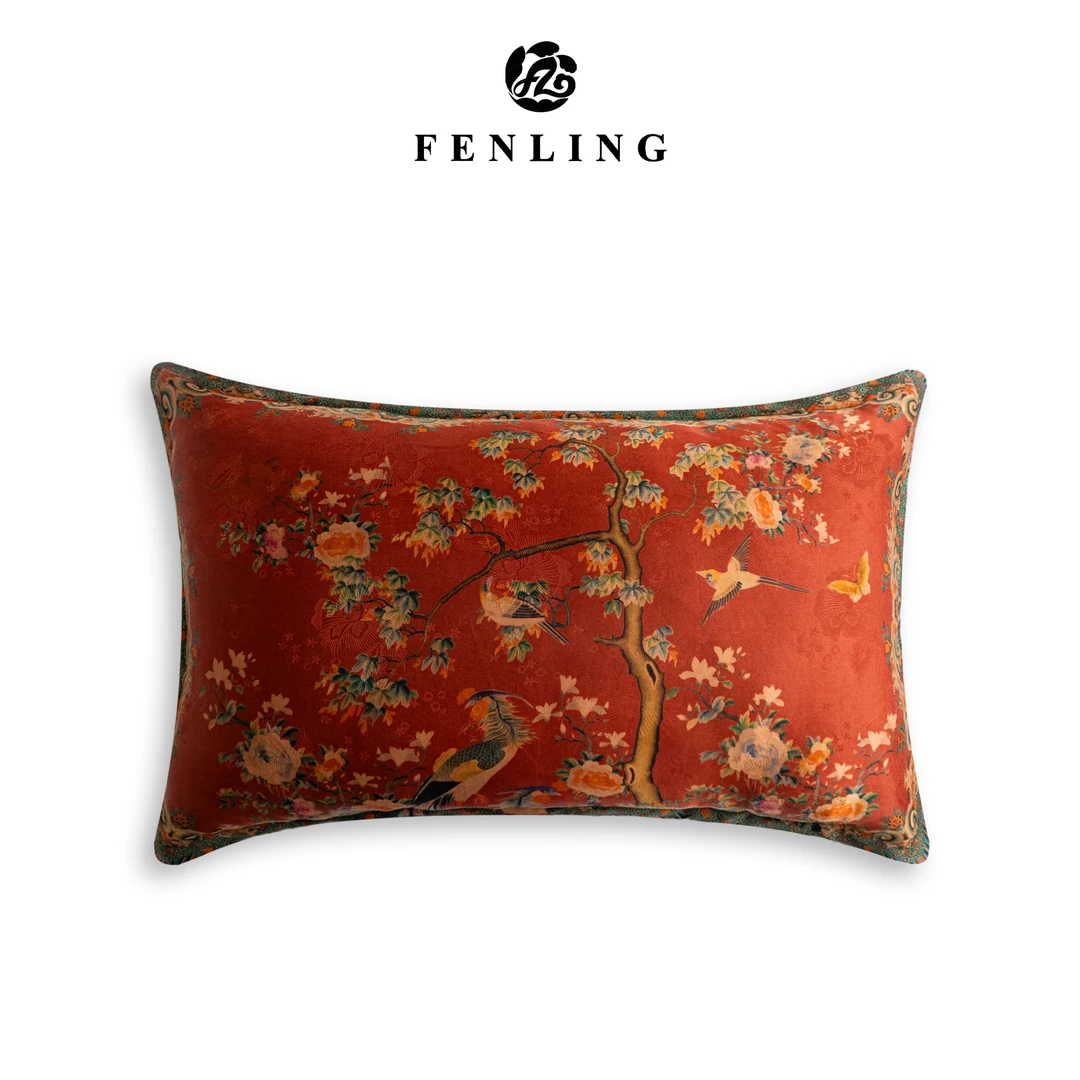 芬领-牡丹翟鸟图-新中式桑蚕丝香云纱46*70cm提花单面枕套T525
