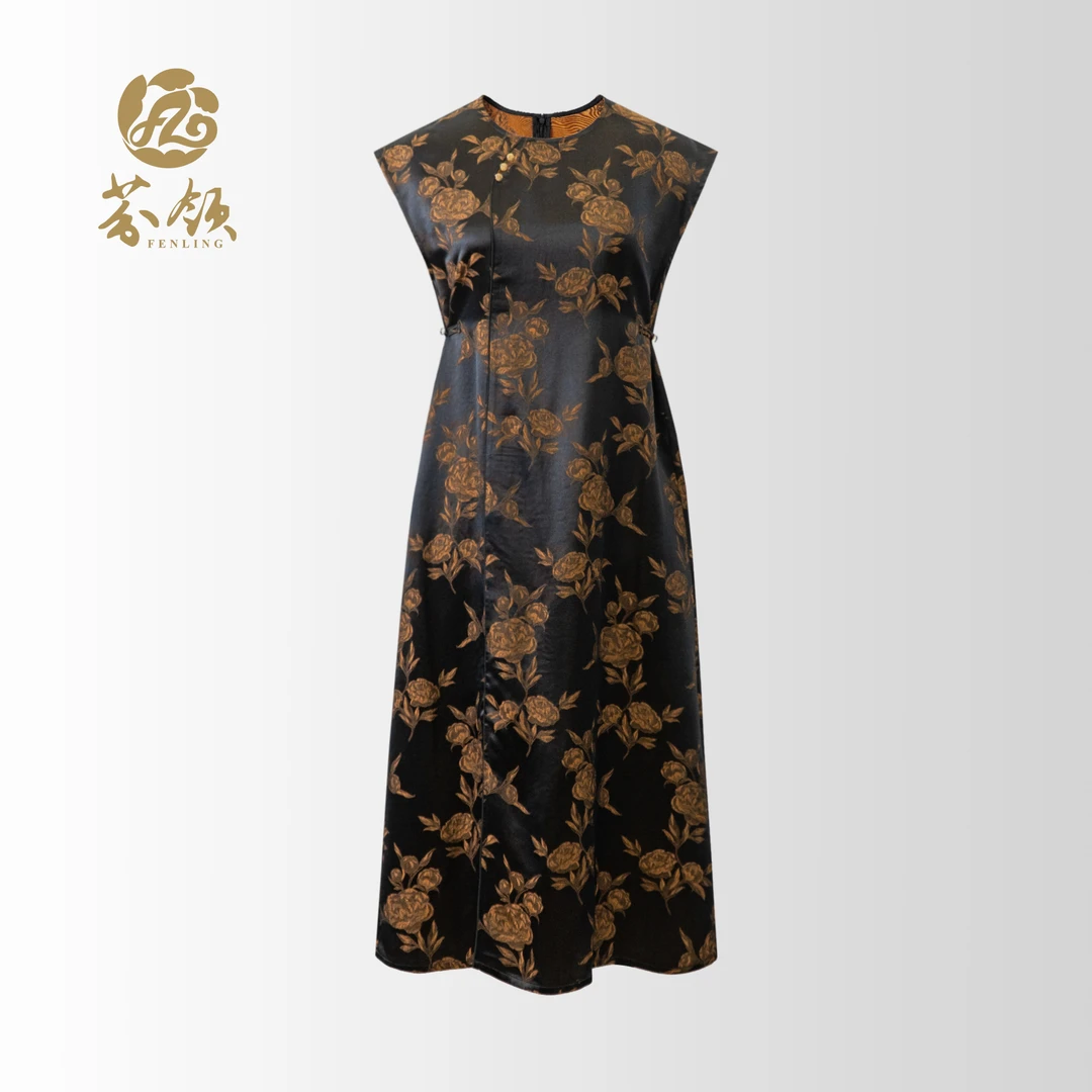 芬领-玫瑰-桑蚕丝重磅冠乐缎连衣裙显气质百搭裙SY1210