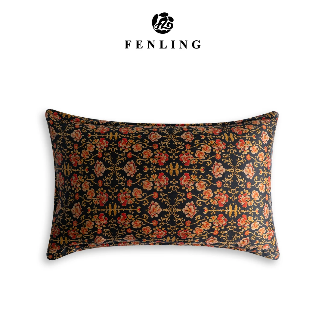 芬领-缠枝牡丹-新中式桑蚕丝香云纱46*70cm提花单面枕套T538