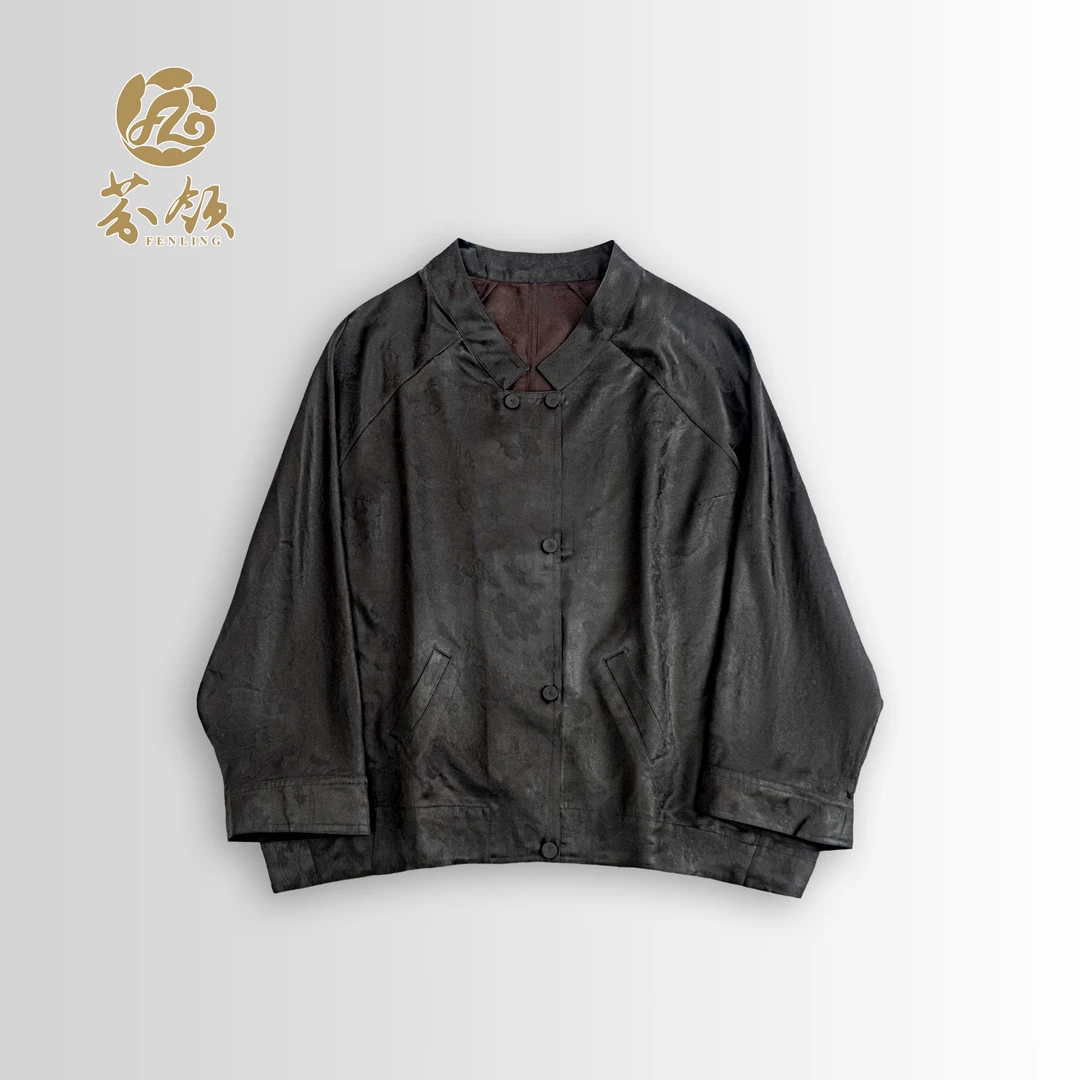 芬领-顺意-桑蚕丝老料香云纱花毛茛紫檀色开衫上衣SY1671-SY1674