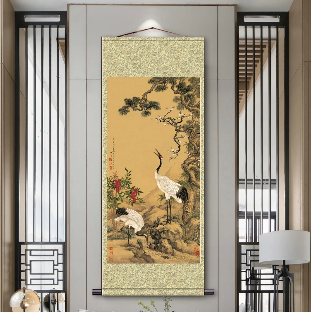 国画藏蓝《松海双鹤》花鸟高档大气玄关背景画客厅办公室老板椅画