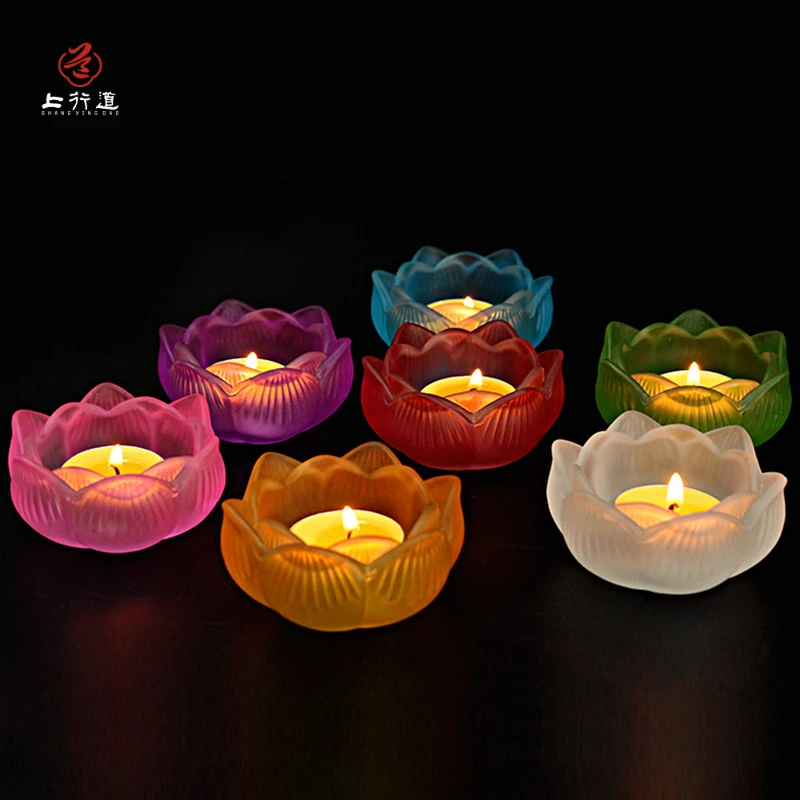 上行道酥油灯座【莲花七彩琉璃灯座】防风透明莲台蜡烛台家居工艺品