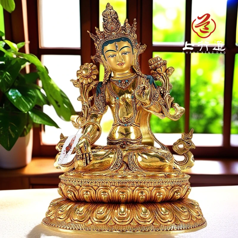 上行道铜像白度母造像尼泊尔手工铜鎏金雕花藏传居家用品度母像