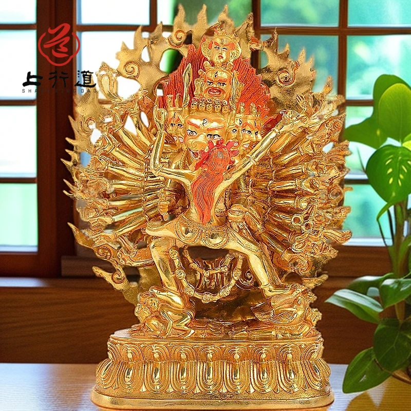 上行道铜像摆件【大威德】铜鎏金雕花双身莲花底座藏式家居佛具10寸