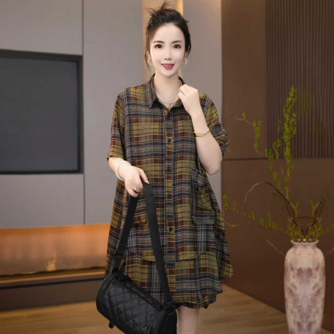 L-868黄格蓝格宽松休闲套装夏季新款衬衫高腰百搭短款两件套
