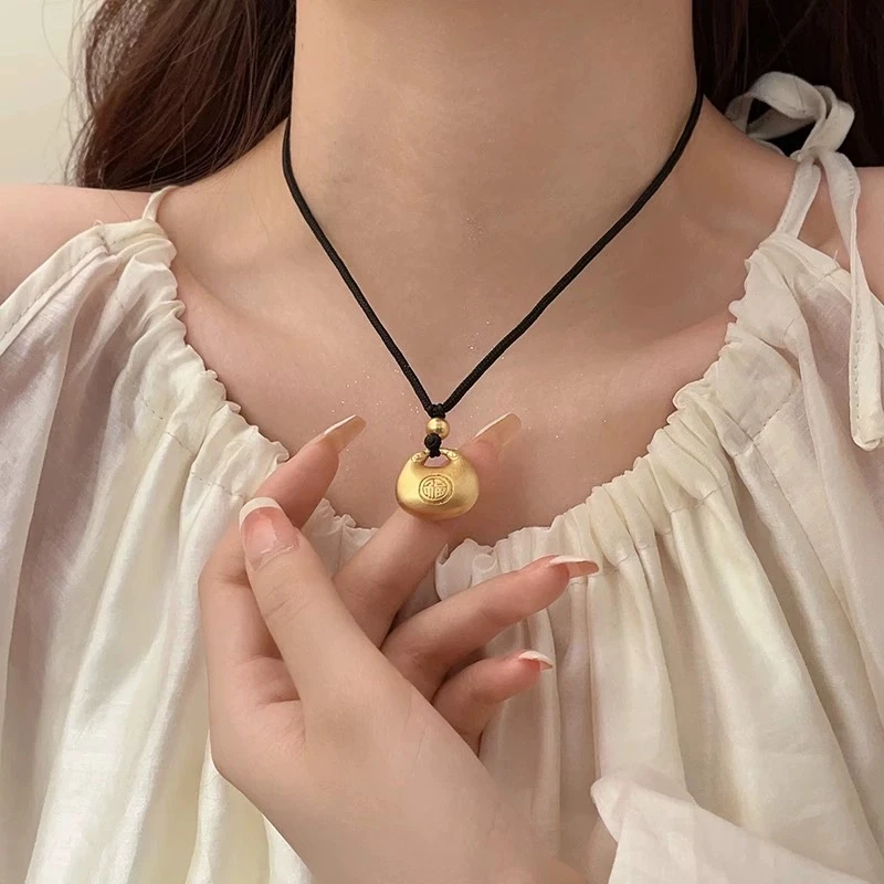 铜合金吊坠 福袋胖福项链双面福女新中式黑色编织绳毛衣链锁骨链