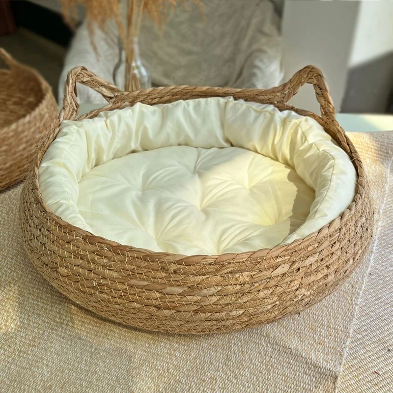 猫窝通用冬季猫耳保暖窝草编可拆洗编织柔软舒适透气圆形加厚拼接
