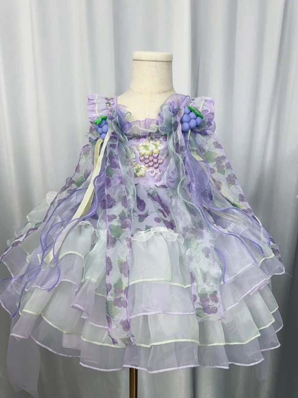 新款葡萄洛丽塔公主裙蓬蓬裙女童洋装吊带裙紫色纱裙连衣裙生日裙