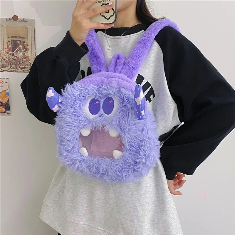 日系包包丑娃娃小怪兽单肩女孩男卡通趣味手提包软妹丑萌毛绒包女