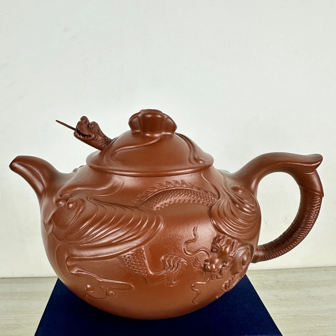 全手鱼化龙紫砂壶1150c长24厘米直径16厘米高16厘米朱泥30孔出水