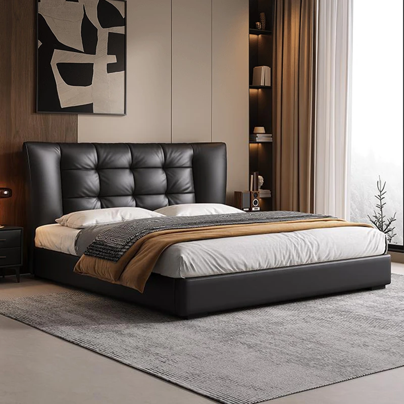 新款华夫格皮床意式主卧室轻奢皮艺床现代简约双人床主卧大床婚床