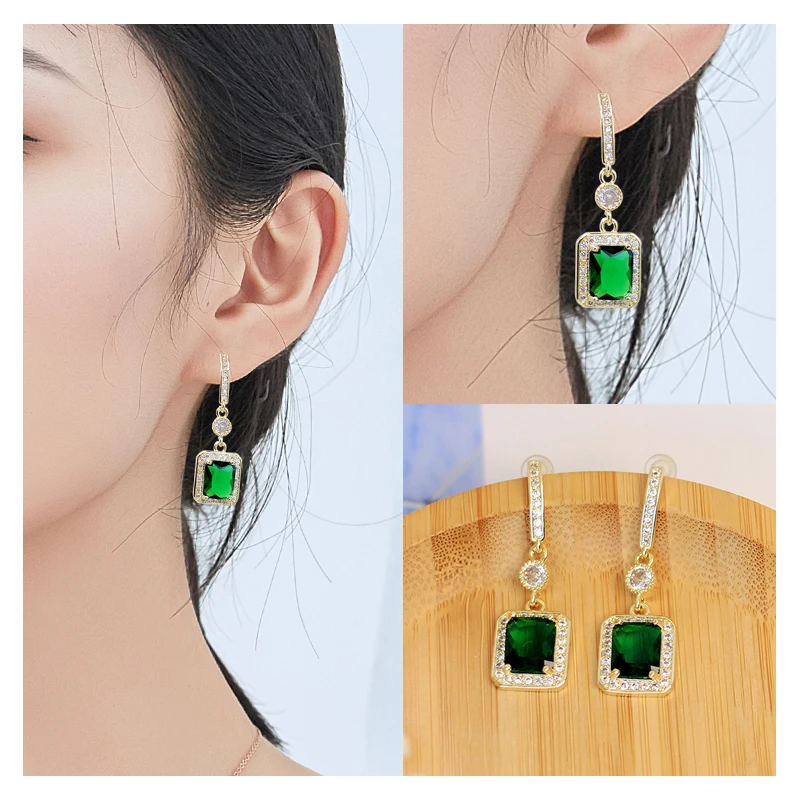 合金锆石耳饰 绿色方糖耳环爆款高级感轻奢法式复古礼服耳饰七夕
