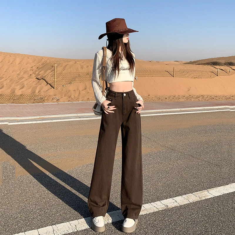 jeans潮流2023秋冬深咖色秋季新款显瘦垂感拖地牛仔阔腿裤女